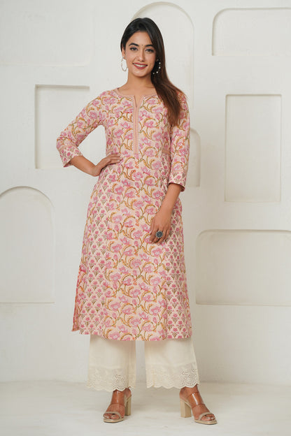 PEACH HAND BLOCK PRINTED KURTA SET