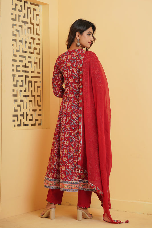 RED HANDBLOCK PRINTED FLORAL ANGRAKHA KURTA SET