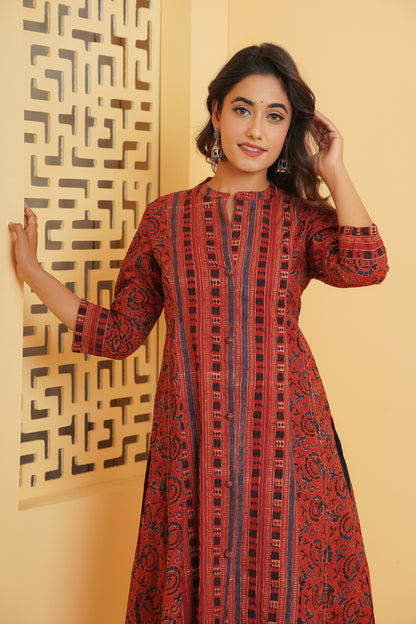 MAROON AJRAKH PRINTED PRINCESS LINE KURTA