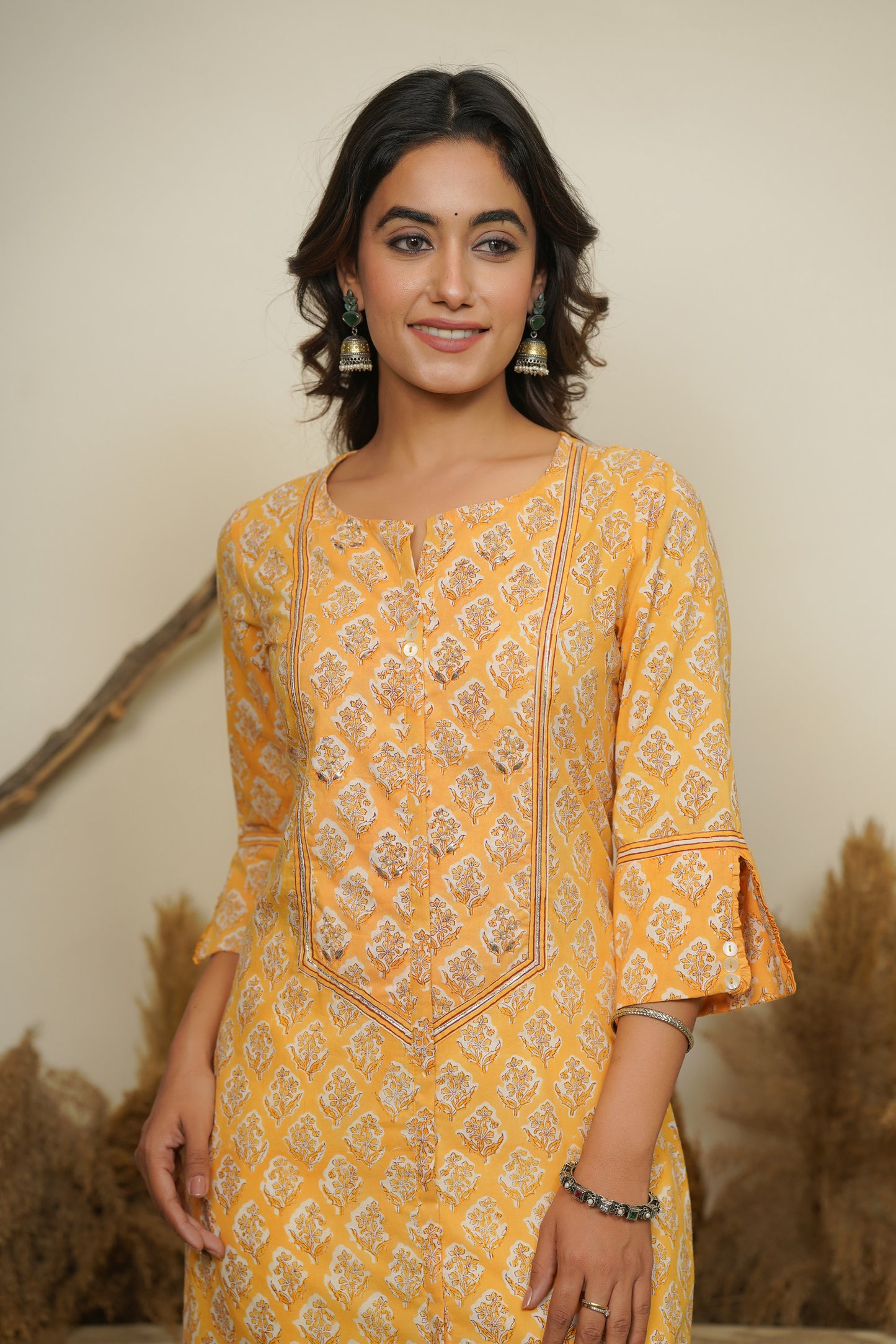 YELLOW HAND BLOCK PRINTED STRAIGHT KURTA