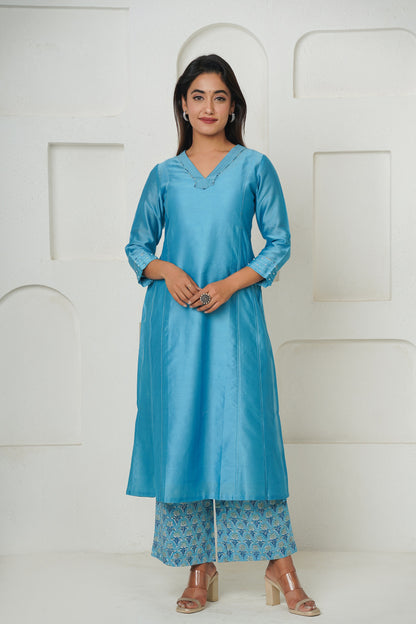 BLUE PURE CHANDERI PRINCESS LINE KURTA SET