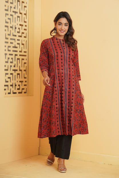 MAROON AJRAKH PRINTED PRINCESS LINE KURTA