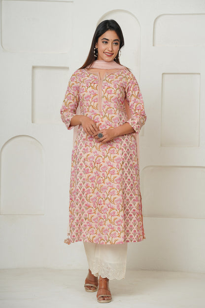 PEACH HAND BLOCK PRINTED KURTA SET