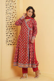 RED HANDBLOCK PRINTED FLORAL ANGRAKHA KURTA SET