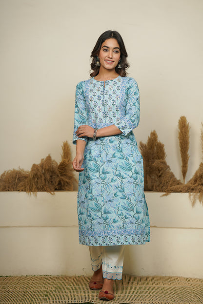 BLUE HAND BLOCK PRINTED STRAIGHT KURTA