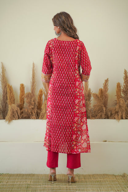 RED FLORAL BLOCK PRINT PRINCESS LINE KURTA