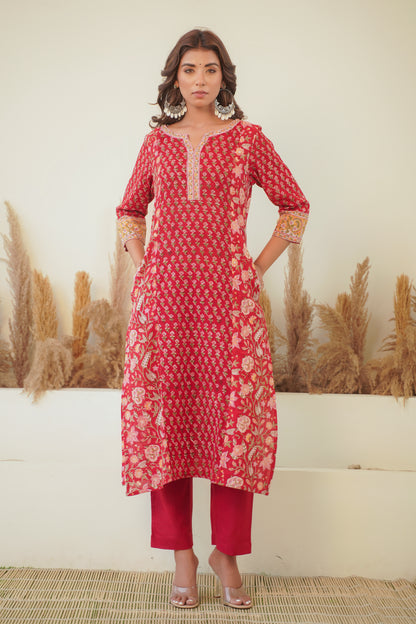 RED FLORAL BLOCK PRINT PRINCESS LINE KURTA