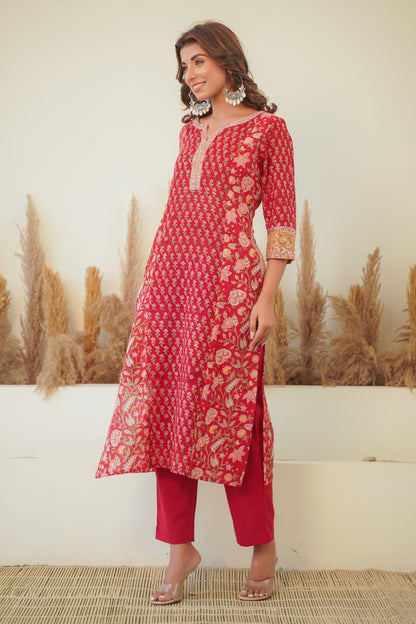 RED FLORAL BLOCK PRINT PRINCESS LINE KURTA