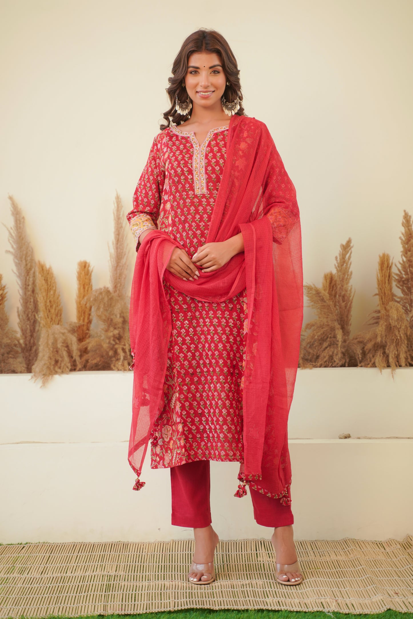 RED FLORAL BLOCK PRINT PRINCESS LINE KURTA