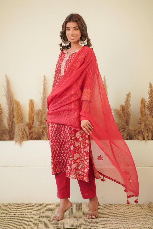 RED FLORAL BLOCK PRINT PRINCESS LINE KURTA