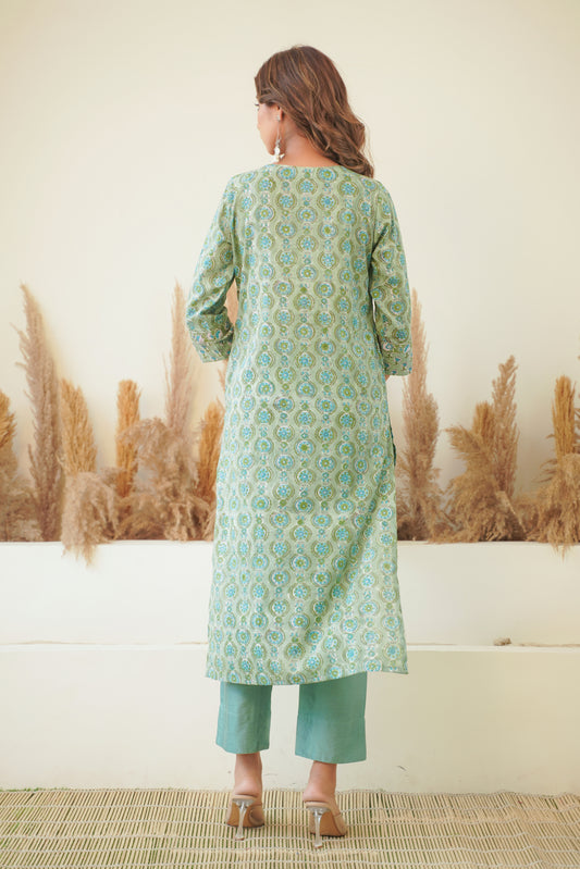 MINT GREEN FLORAL BLOCK PRINT KURTA