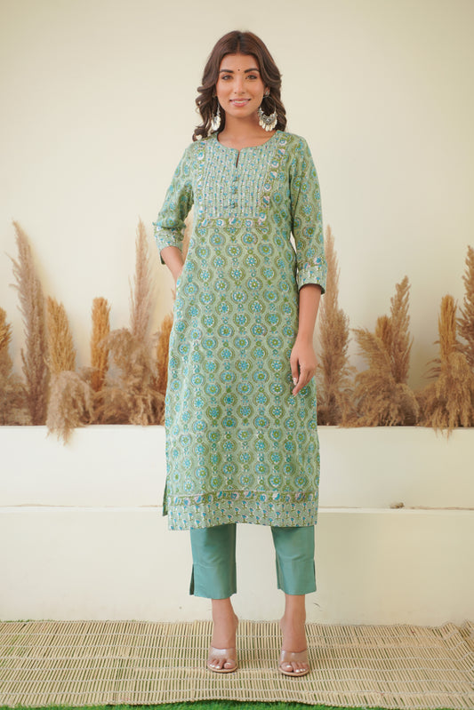 MINT GREEN FLORAL BLOCK PRINT KURTA