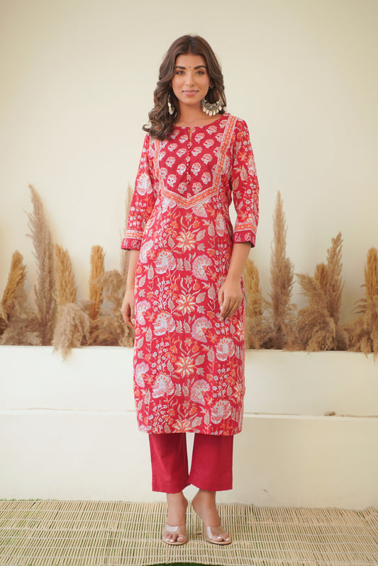 RED FLORAL BLOCK PRINT KURTA WITH SILVER PITTAN WORK