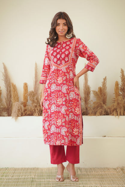 RED FLORAL BLOCK PRINT KURTA WITH SILVER PITTAN WORK