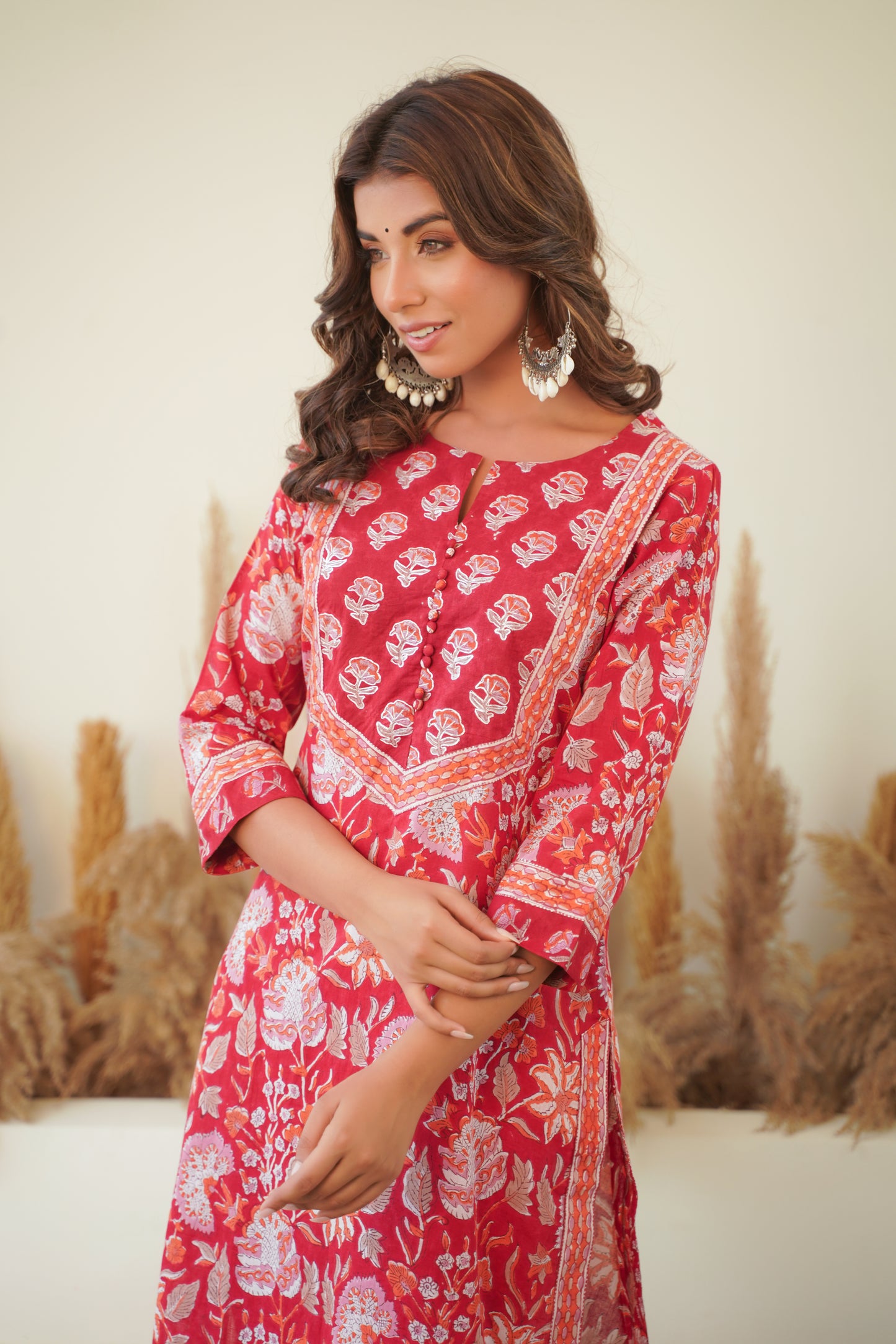 RED FLORAL BLOCK PRINT KURTA WITH SILVER PITTAN WORK
