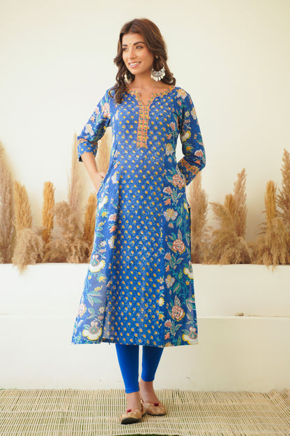 BLUE FLORAL BLOCK PRINT KURTA