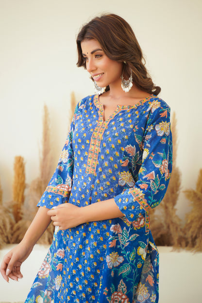 BLUE FLORAL BLOCK PRINT KURTA