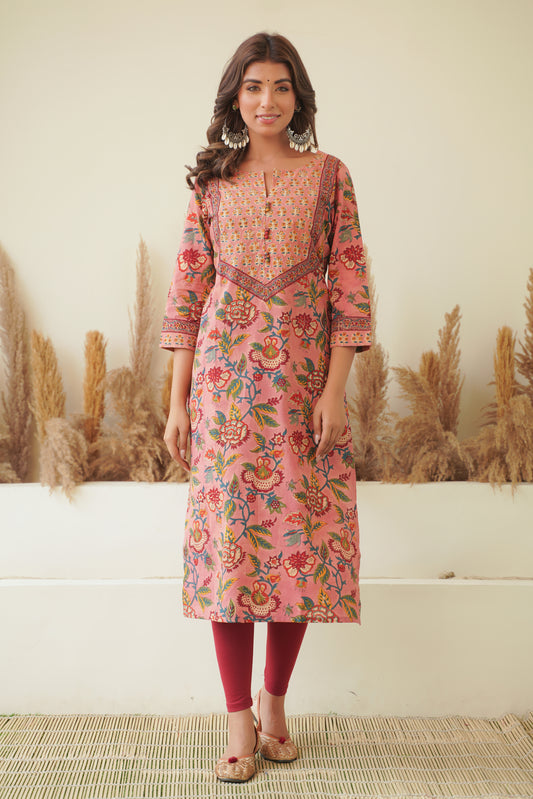 PEACH FLORAL BLOCK PRINT STRAIGHT KURTA