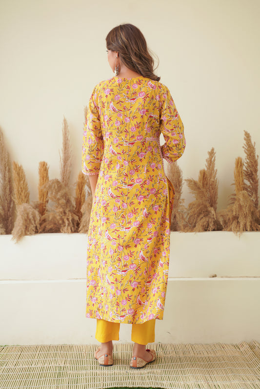 Mustard Floral Block Print Princess Line Kurta Set