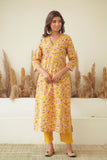 Mustard Floral Block Print Princess Line Kurta Set