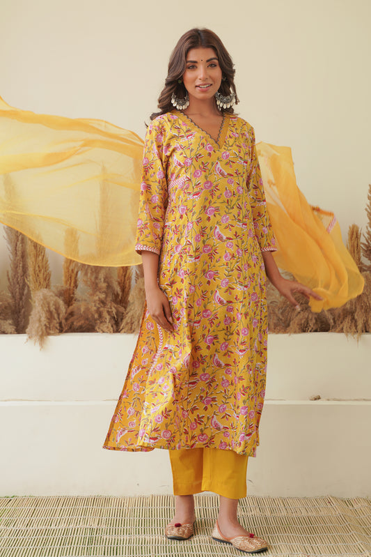 Mustard Floral Block Print Princess Line Kurta Set