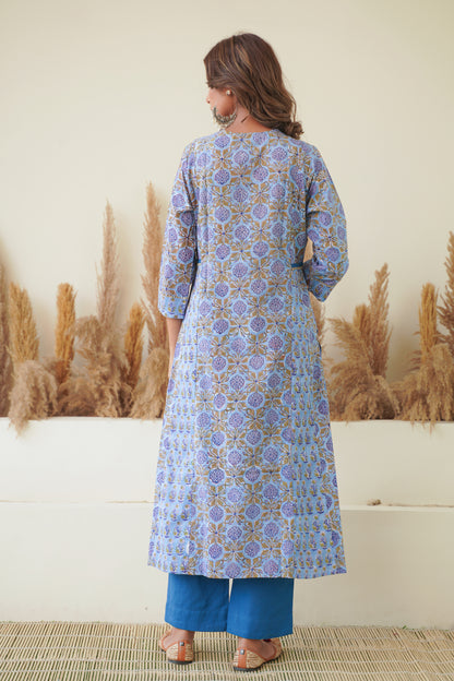 BLUE FLORAL BLOCK PRINT KURTA SET