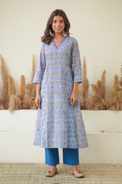 BLUE FLORAL BLOCK PRINT KURTA SET