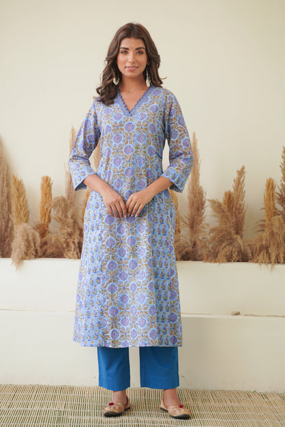 BLUE FLORAL BLOCK PRINT KURTA SET