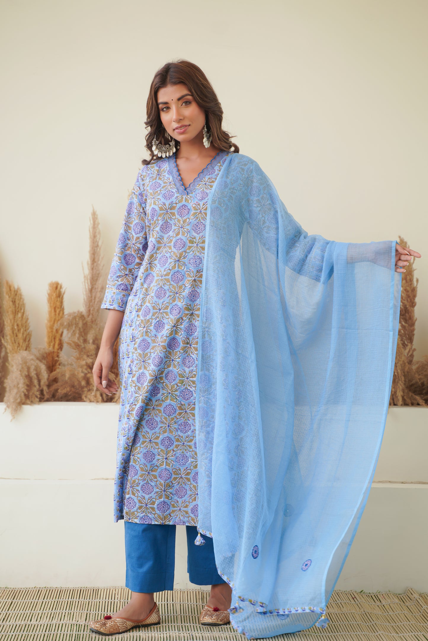 BLUE FLORAL BLOCK PRINT KURTA SET