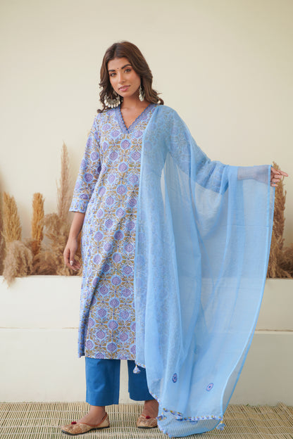 BLUE FLORAL BLOCK PRINT KURTA SET