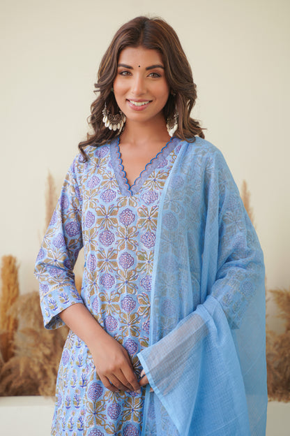 BLUE FLORAL BLOCK PRINT KURTA SET