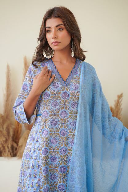 BLUE FLORAL BLOCK PRINT KURTA SET