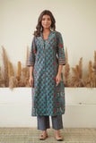BLUE PRINCESS CUT COLLARED KURTA