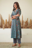 BLUE PRINCESS CUT COLLARED KURTA