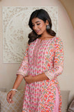 PINK HAND BLOCK PRINTED PRINCESS LINE KURTA WITH EMBELISHED WITH EMBROIDERY