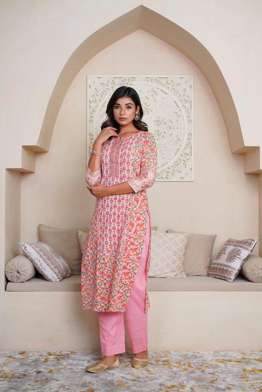 PINK HAND BLOCK PRINTED STRAIGHT KURTA WITH EMBELISHED WITH EMBROIDERY