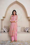 PINK HAND BLOCK PRINTED PRINCESS LINE KURTA WITH EMBELISHED WITH EMBROIDERY