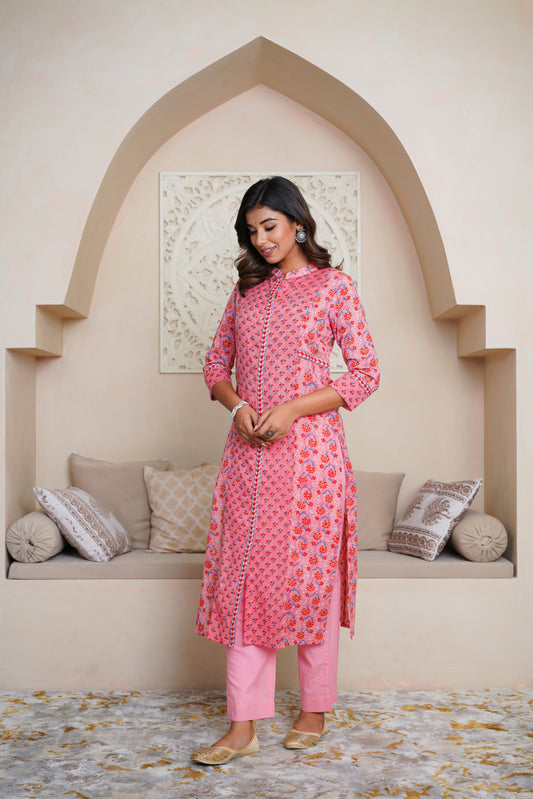 PINK HAND BLOCK PRINTED STRAIGHT KURTA