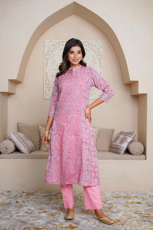 LIGHT PINK HAND BLOCK PRINTED PRINCESS LINE KURTA