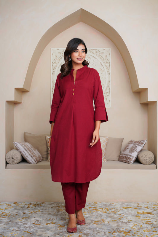 MAROON COTTON FLAX KURTA WITH PANTS , EMBELISHED WITH HAND WORK BUTTONS AND PATCH