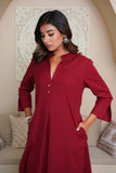 MAROON COTTON FLAX KURTA WITH PANTS , EMBELISHED WITH HAND WORK BUTTONS AND PATCH