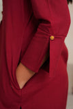 MAROON COTTON FLAX KURTA WITH PANTS , EMBELISHED WITH HAND WORK BUTTONS AND PATCH