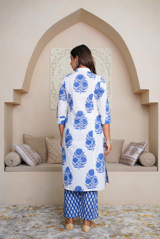 WHITE & BLUE HAND BLOCK PRINTED KURTA PLAZO SET