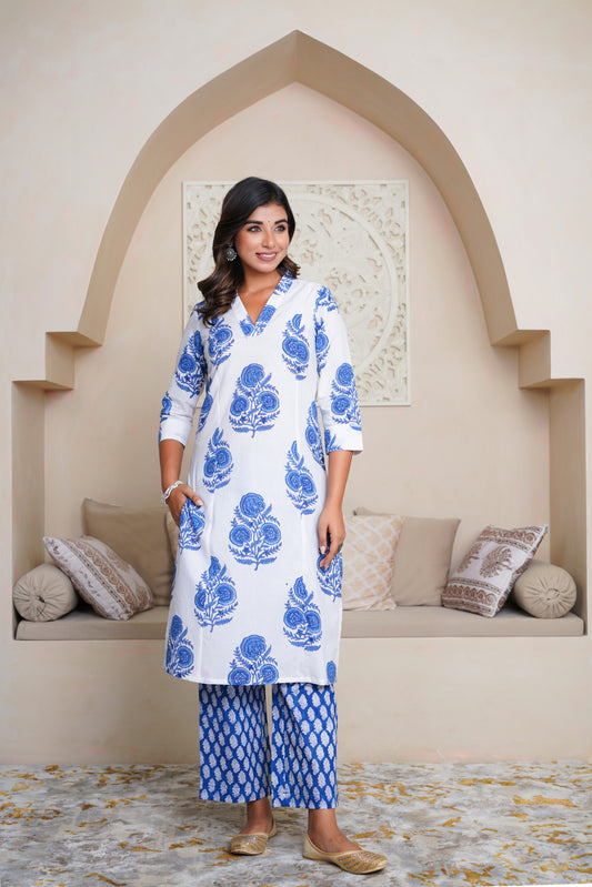 WHITE & BLUE HAND BLOCK PRINTED KURTA PLAZO SET