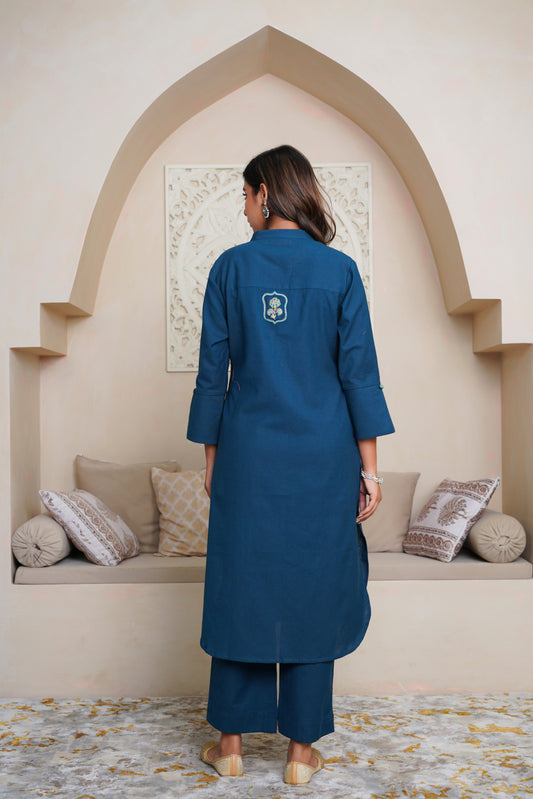 BLUE  COTTON FLAX KURTA WITH PANTS , EMBELISHED WITH HAND WORK BUTTONS AND PATCH