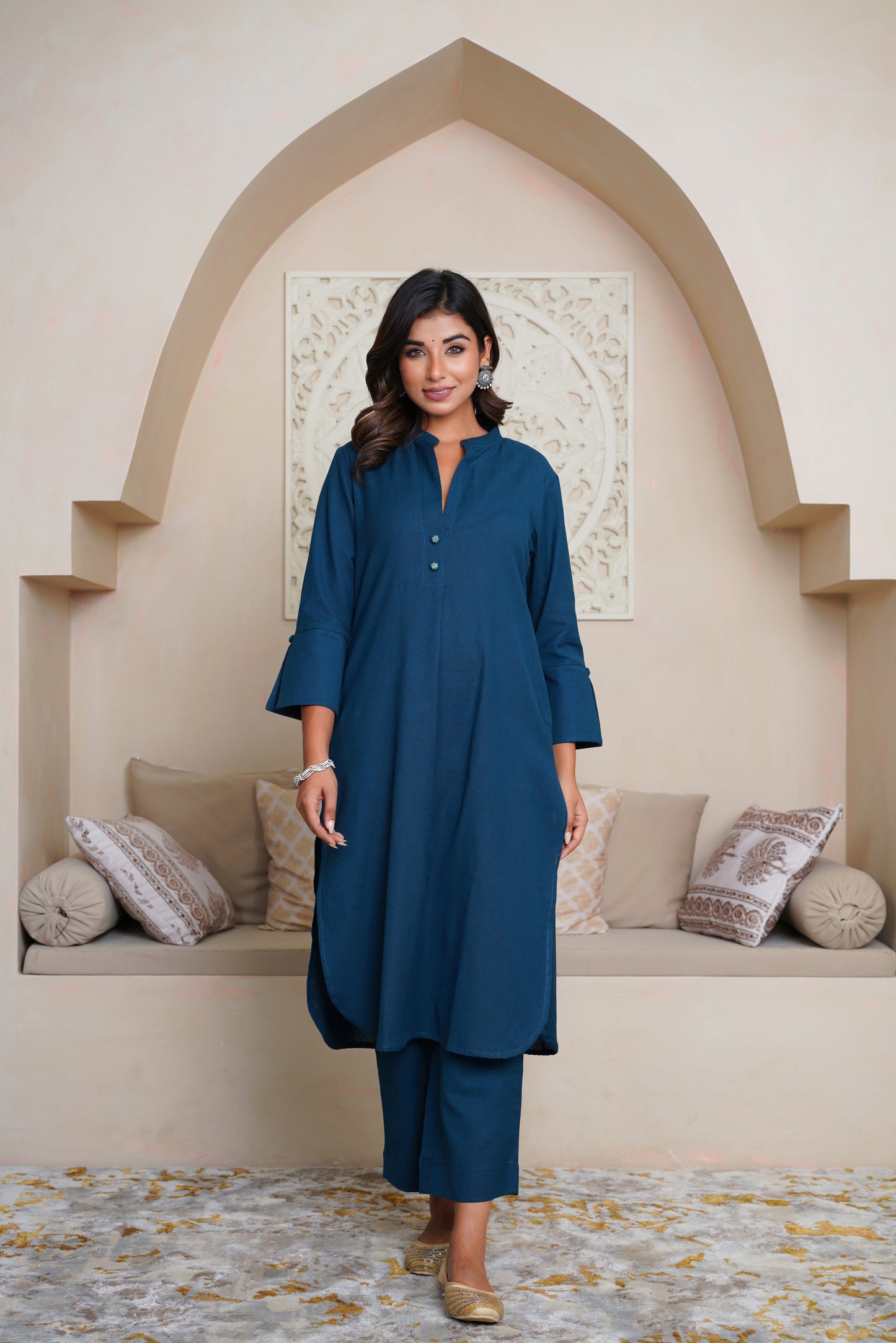 BLUE  COTTON FLAX KURTA WITH PANTS , EMBELISHED WITH HAND WORK BUTTONS AND PATCH