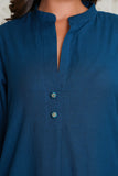 BLUE  COTTON FLAX KURTA WITH PANTS , EMBELISHED WITH HAND WORK BUTTONS AND PATCH
