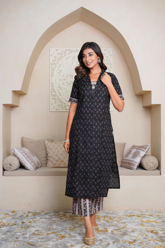 PRINTED BLACK COLLAR KURTAWITH PRINTED PLAZO