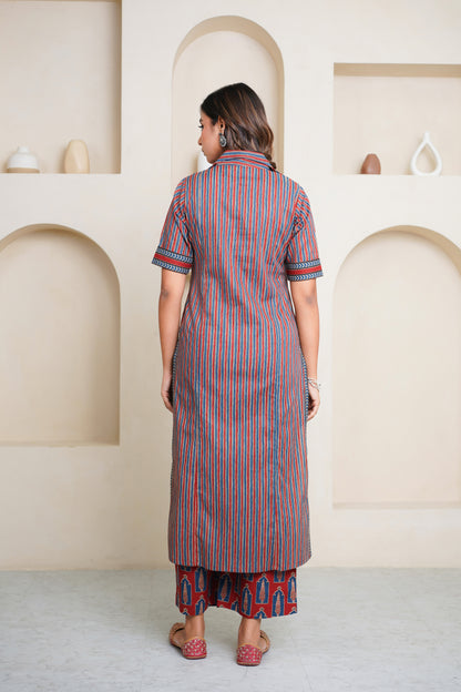 BLUE RED STRIPED COLLAR KURTA WITH  PRINTED PLAZO