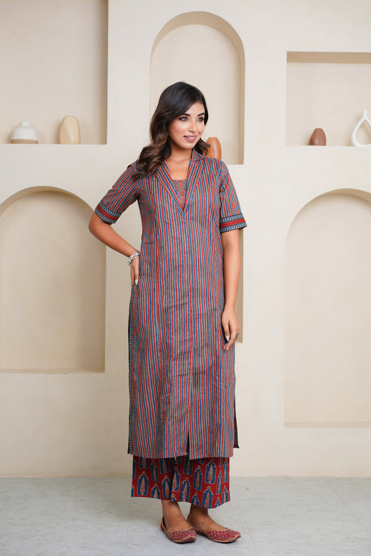 BLUE RED STRIPED COLLAR KURTA WITH  PRINTED PLAZO